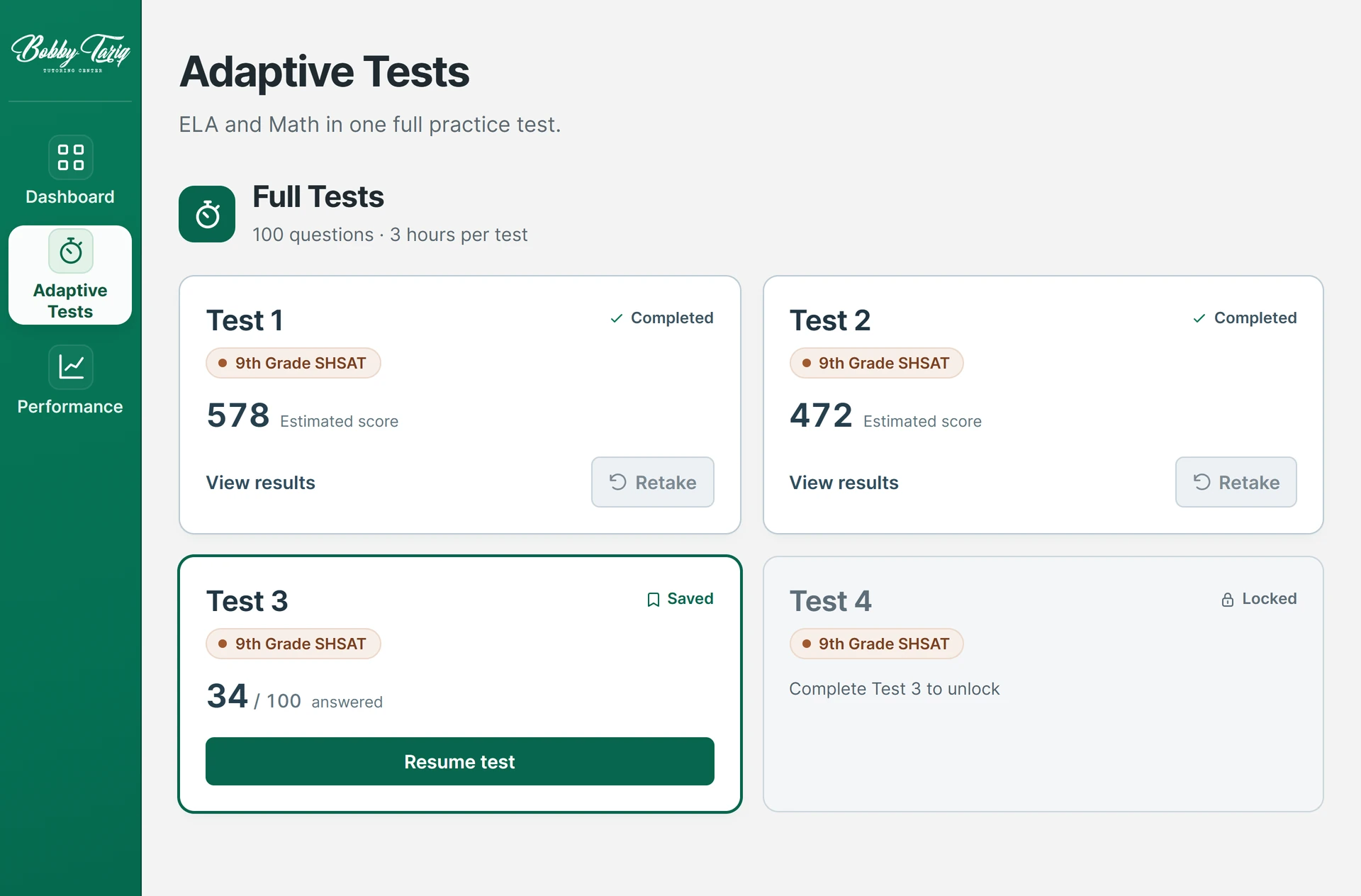 9th Grade SHSAT Adaptive Tests: your 4 Full tests with scores, a saved test to resume and the next test to unlock