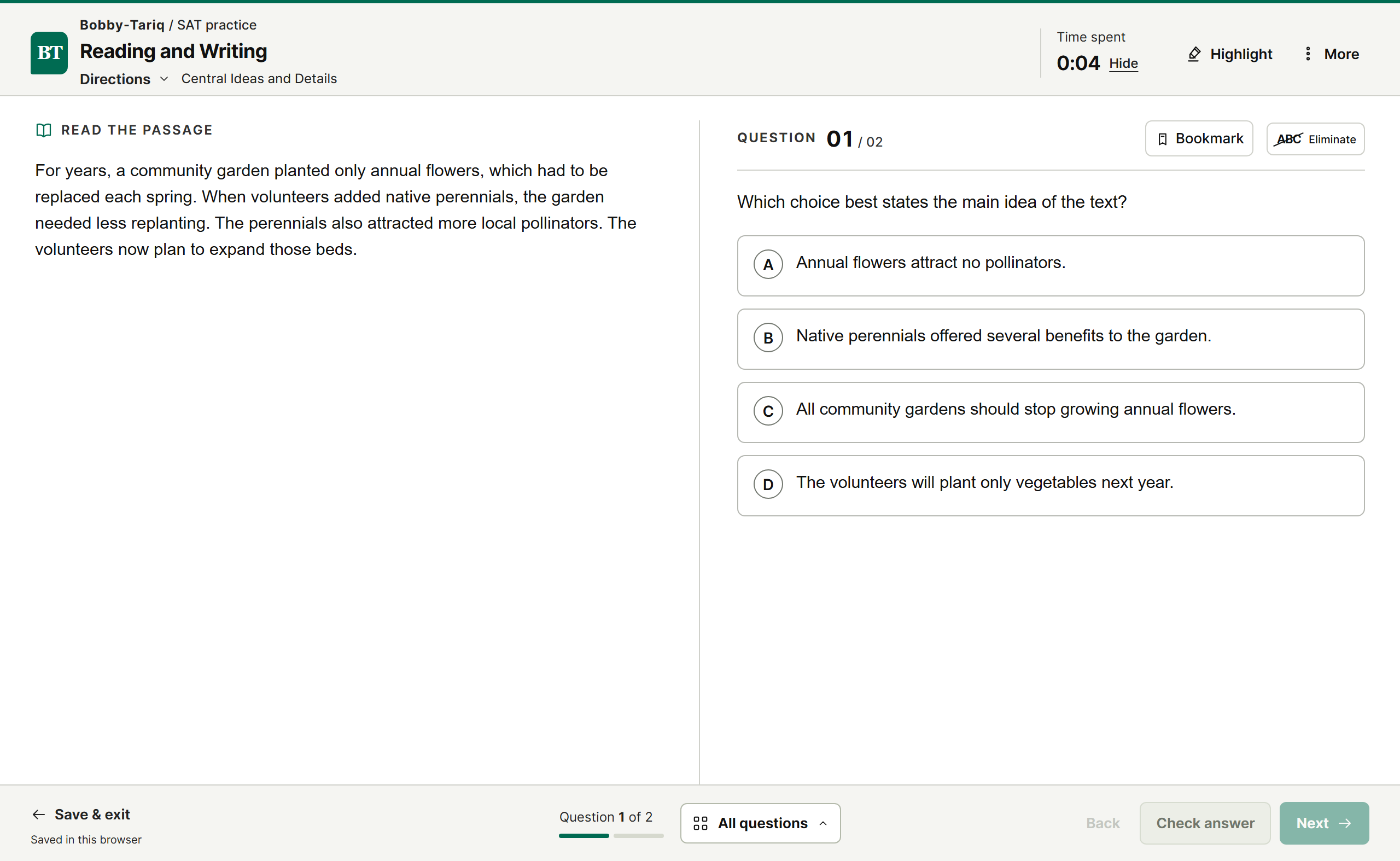 Actual SAT Reading and Writing practice showing a checked answer and its explanation.