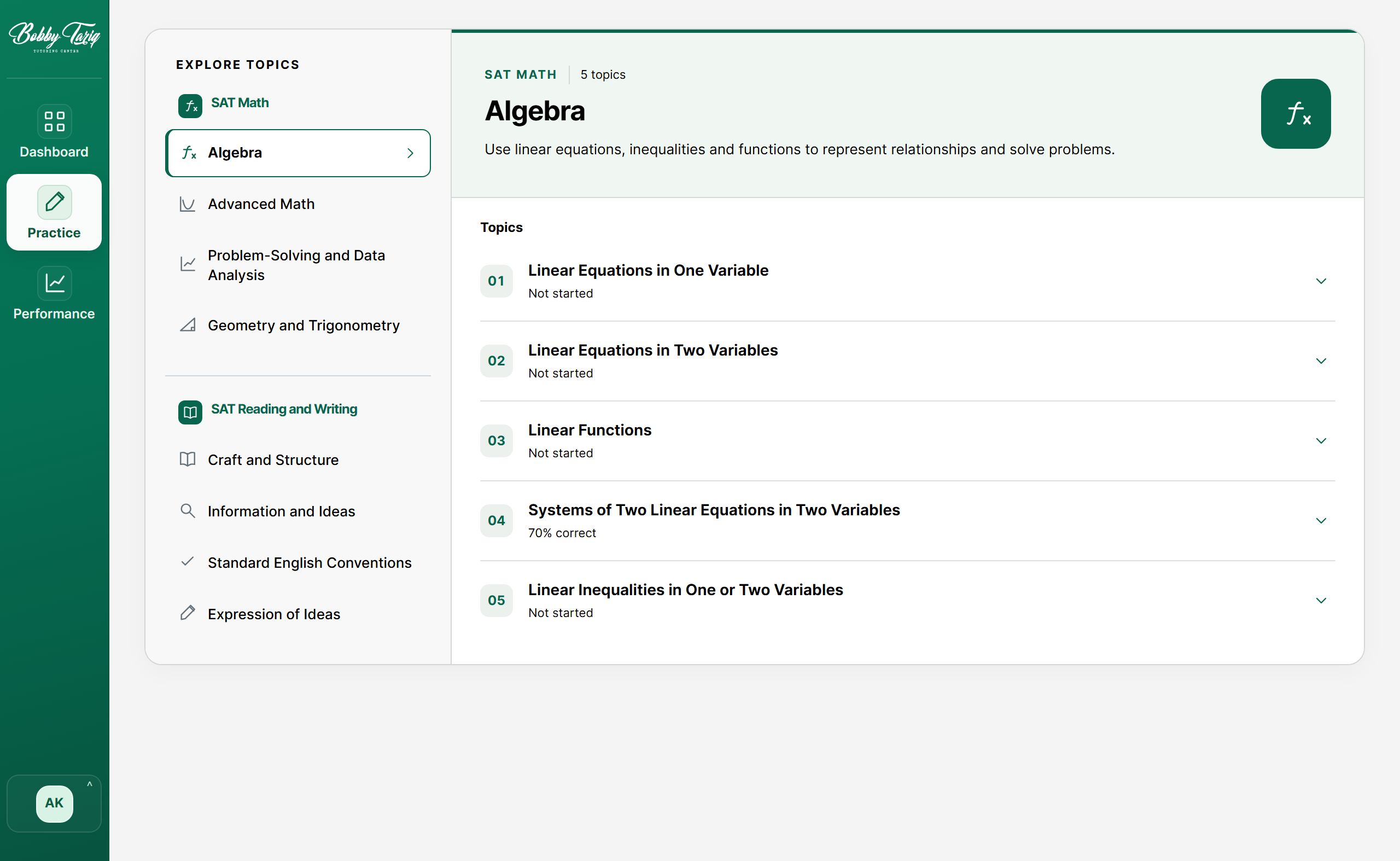 Current SAT Practice workspace showing Algebra topics and the full navigation sidebar.