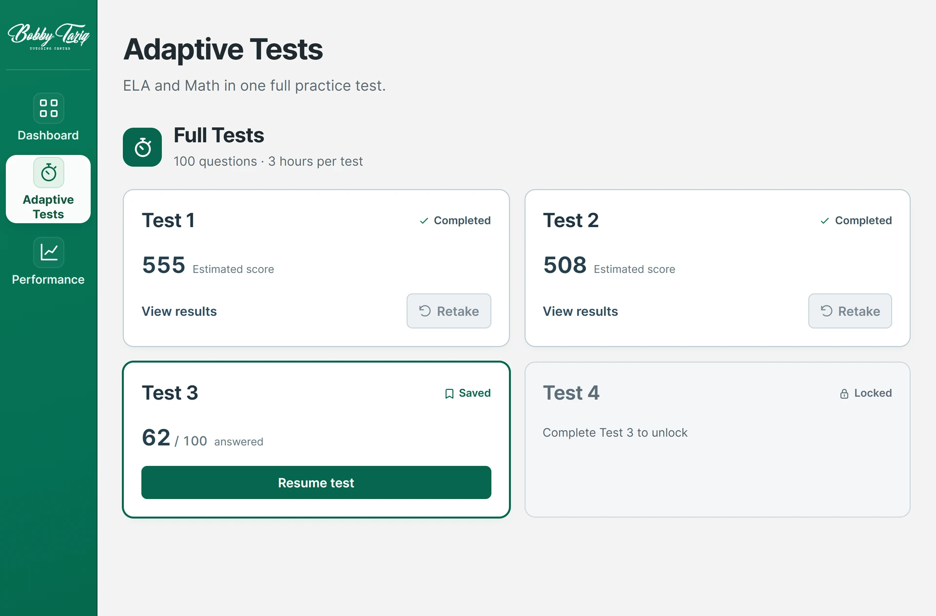 SHSAT Adaptive Tests: your 4 Full tests with scores, a saved test to resume and the next test to unlock