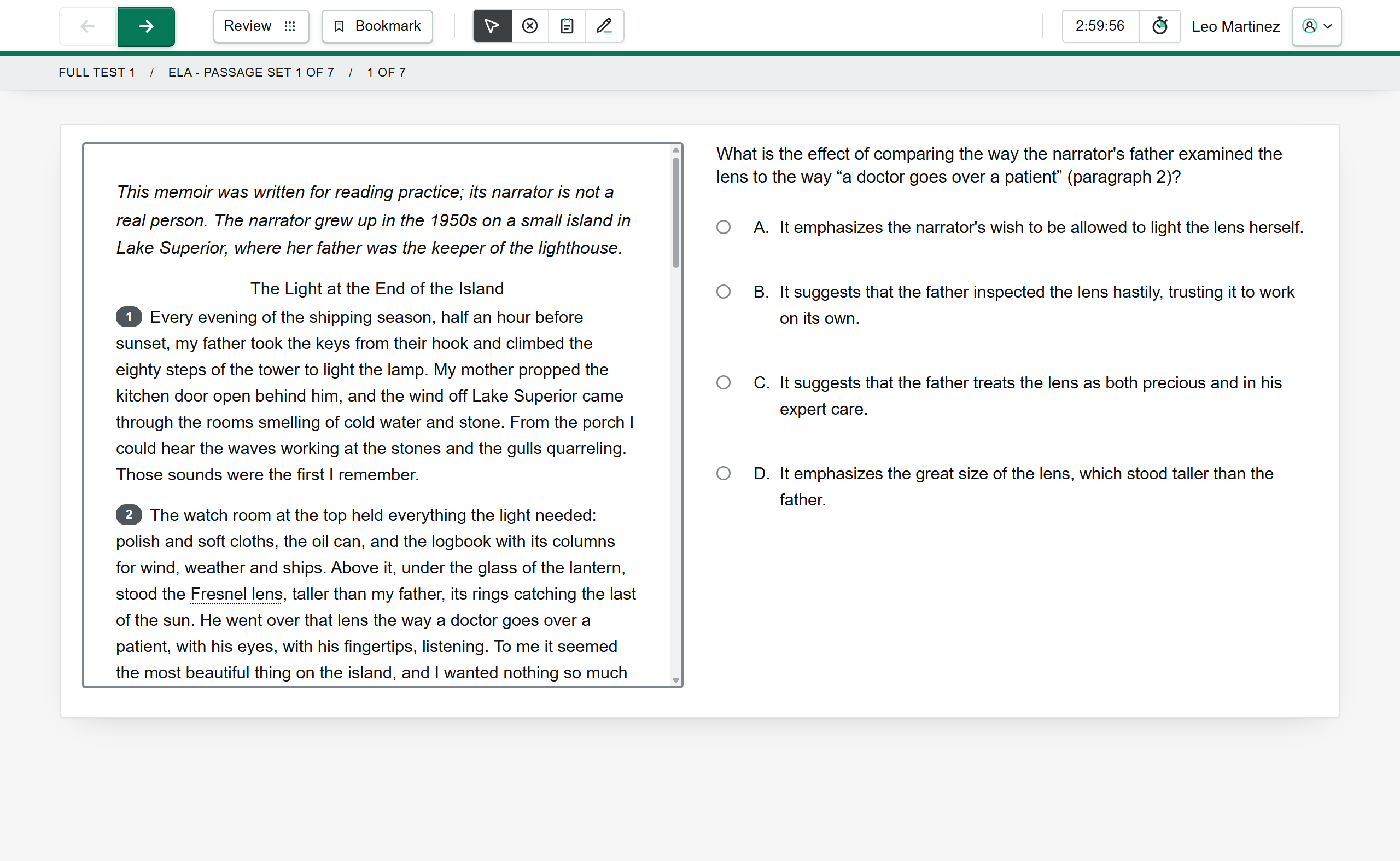 Reading passage and multiple-choice question in the practice test screen